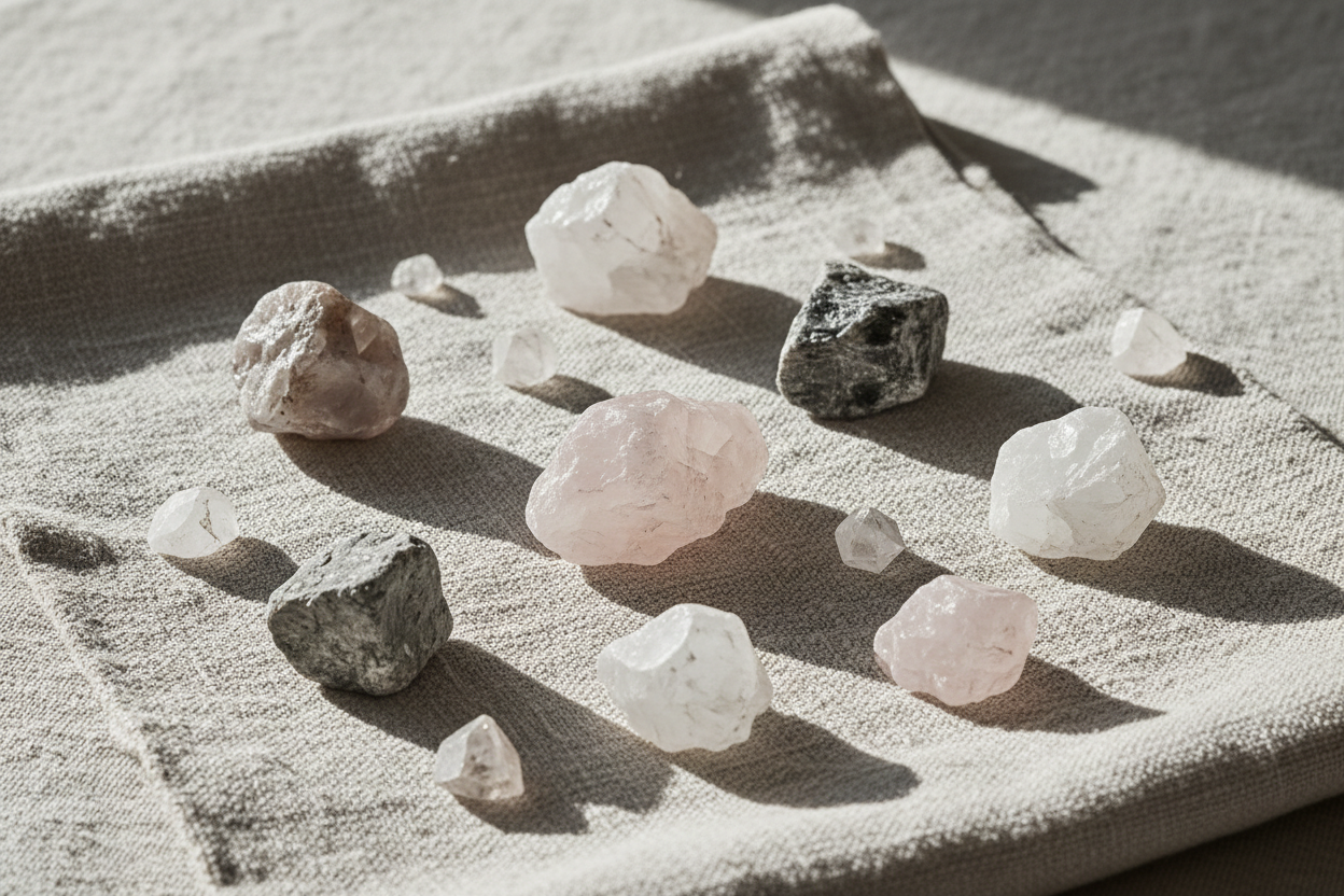 Minimal still life photography, natural crystal stones on raw linen fabric, soft morning light, neutral tones, subtle texture, editorial style, quiet atmosphere, high-end jewelry brand aesthetic, no text, no hands, no faces