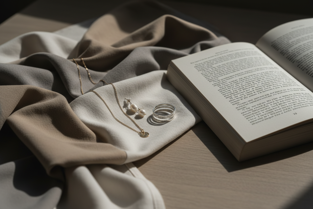 Quiet lifestyle still life, jewelry resting on folded fabric beside an open book, natural window light, muted colors, serene atmosphere, sense of everyday presence, editorial photography, minimalist aesthetic