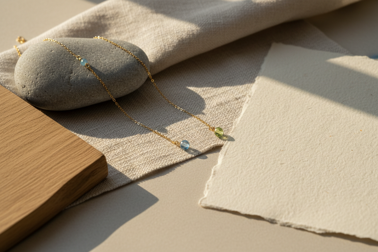 画面内容

单条或两条手链

放在：

亚麻布 / 石材 / 原木 / 微纹理纸

有自然光方向（侧光 / 斜光）

不要道具堆砌